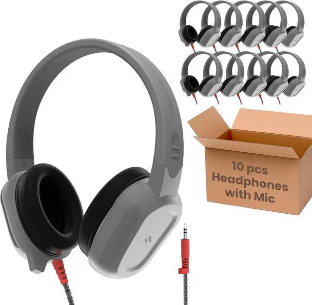 Main image of Brenthaven Wired Headphones with Mic 10-Pack | 3.5 mm Jack On-Ear Rugged 2 Adjustable Headphones with Long Tangle Free Cord - Lightweight Durable & Drop Tested School Supplies for Kids - Gray