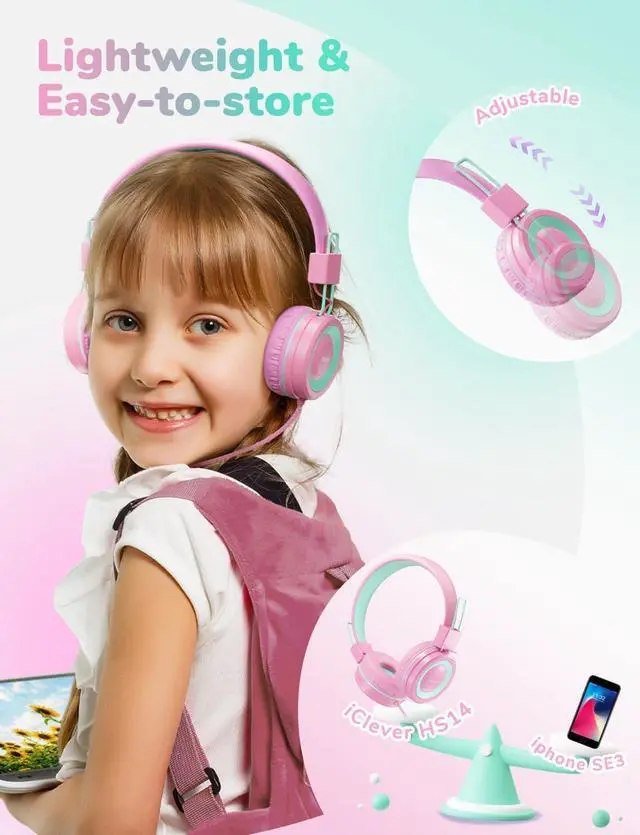 Alt view image 5 of 7 - iClever HS14 Kids Headphones for School Bundles, Tangle Free, 3.5mm Jack, HD Stereo, Folable Kids Headphones with Cord for Classroom/Student/Tablets/Laptop