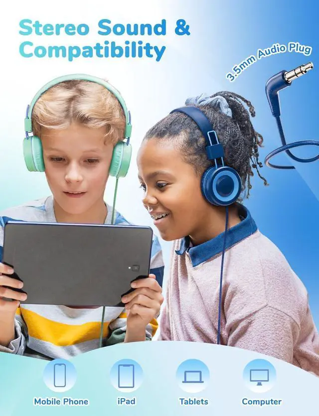 Alt view image 6 of 7 - iClever HS14 Kids Headphones for School Bundles, Tangle Free, 3.5mm Jack, HD Stereo, Folable Kids Headphones with Cord for Classroom/Student/Tablets/Laptop