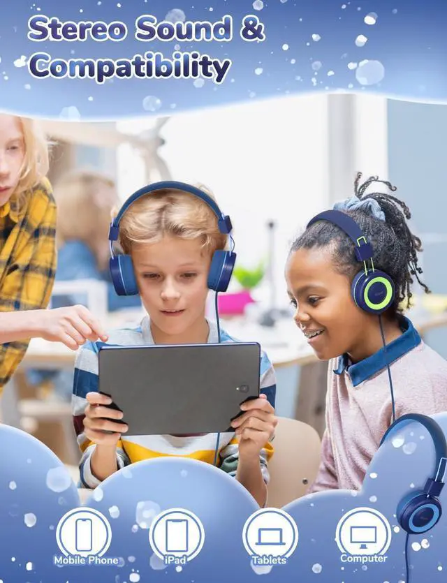 Alt view image 4 of 7 - iClever HS14 & HS27 Kids Headphones for School Bundles, Tangle Free, 3.5mm Jack, HD Stereo, Folable Kids Headphones with Cord for Classroom/Student/Tablets/Laptop