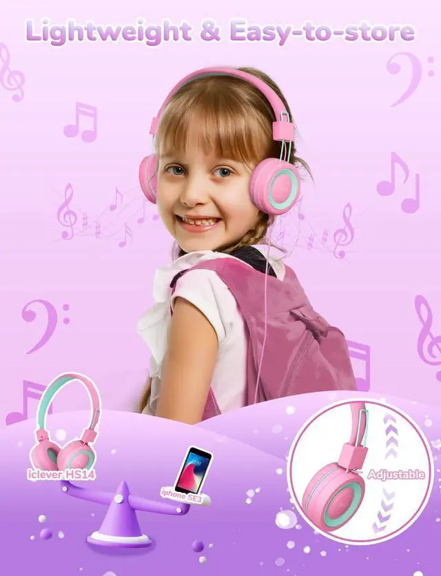 Alt view image 7 of 7 - iClever HS14 & HS27 Kids Headphones for School Bundles, Tangle Free, 3.5mm Jack, HD Stereo, Folable Kids Headphones with Cord for Classroom/Student/Tablets/Laptop