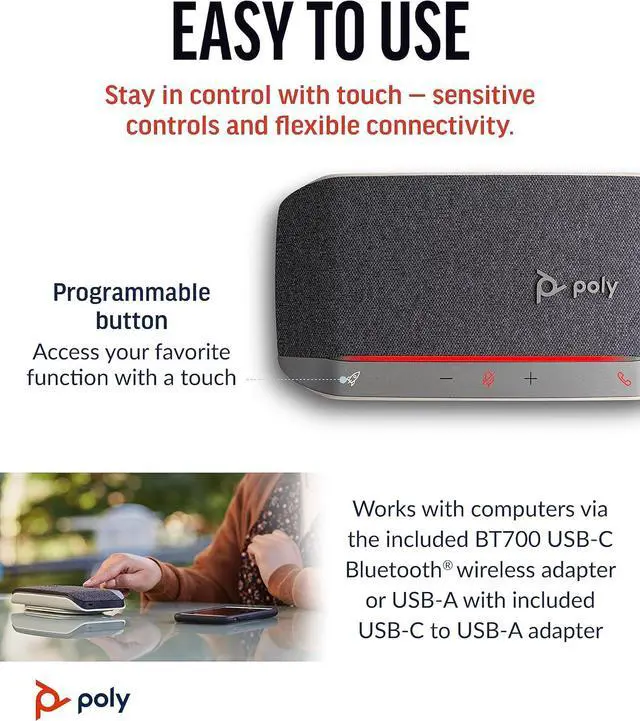 Alt view image 5 of 7 - Poly Sync 20+ Personal Portable Bluetooth Speakerphone (Plantronics) - Noise/Echo Reduction - USB-C Bluetooth Adapter - Works w/Teams, Zoom, PC, Mac, Mobile  Amazon Exclusive