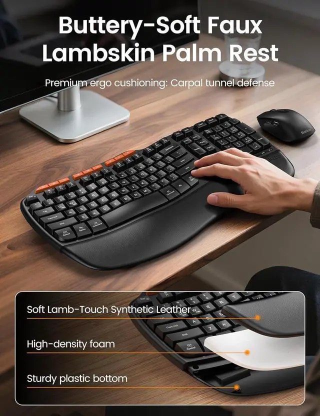 Alt view image 2 of 7 - Ergonomic Wireless Keyboard and Mouse Combo, 2.4G Full Size Wave Key Board with Cushioned Palm Rest, Natural Typing, 3 DPI Adjustable Mouse, USB-A & C for Computer/Laptop/Mac/Tablet  Sablute