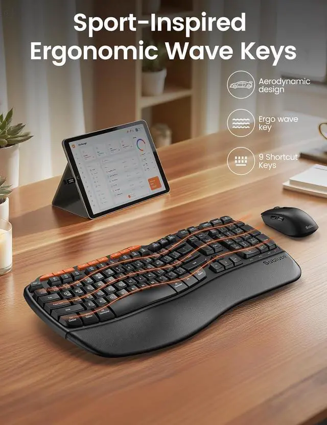 Alt view image 3 of 7 - Ergonomic Wireless Keyboard and Mouse Combo, 2.4G Full Size Wave Key Board with Cushioned Palm Rest, Natural Typing, 3 DPI Adjustable Mouse, USB-A & C for Computer/Laptop/Mac/Tablet  Sablute