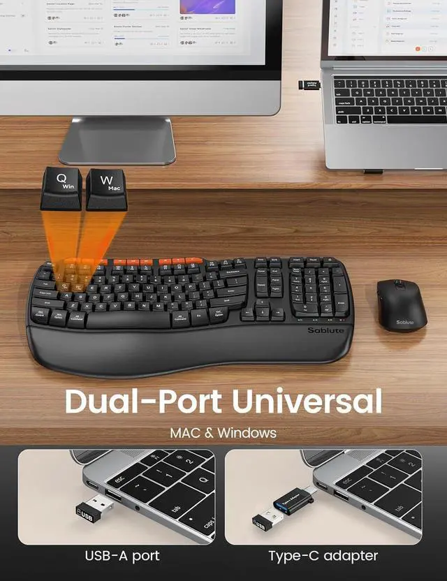 Alt view image 5 of 7 - Ergonomic Wireless Keyboard and Mouse Combo, 2.4G Full Size Wave Key Board with Cushioned Palm Rest, Natural Typing, 3 DPI Adjustable Mouse, USB-A & C for Computer/Laptop/Mac/Tablet  Sablute