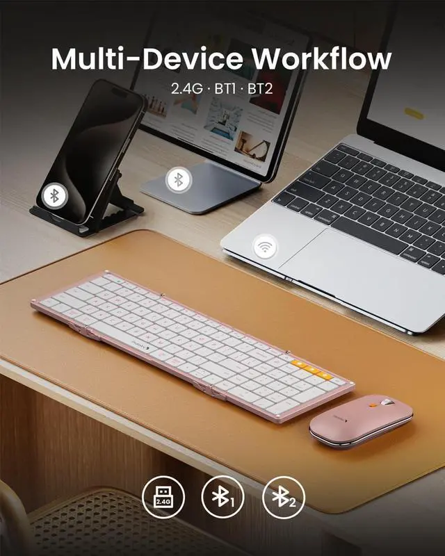 Alt view image 4 of 7 - ProtoArc Foldable Keyboard and Mouse, XKM01 True Full-Size Folding Wireless Keyboard Mouse Combo for Business Travel, a Portable Office Suite On-The-Go, Compatible with Laptop iPad Tablet - Pink
