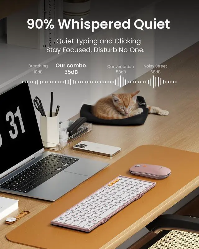 Alt view image 6 of 7 - ProtoArc Foldable Keyboard and Mouse, XKM01 True Full-Size Folding Wireless Keyboard Mouse Combo for Business Travel, a Portable Office Suite On-The-Go, Compatible with Laptop iPad Tablet - Pink