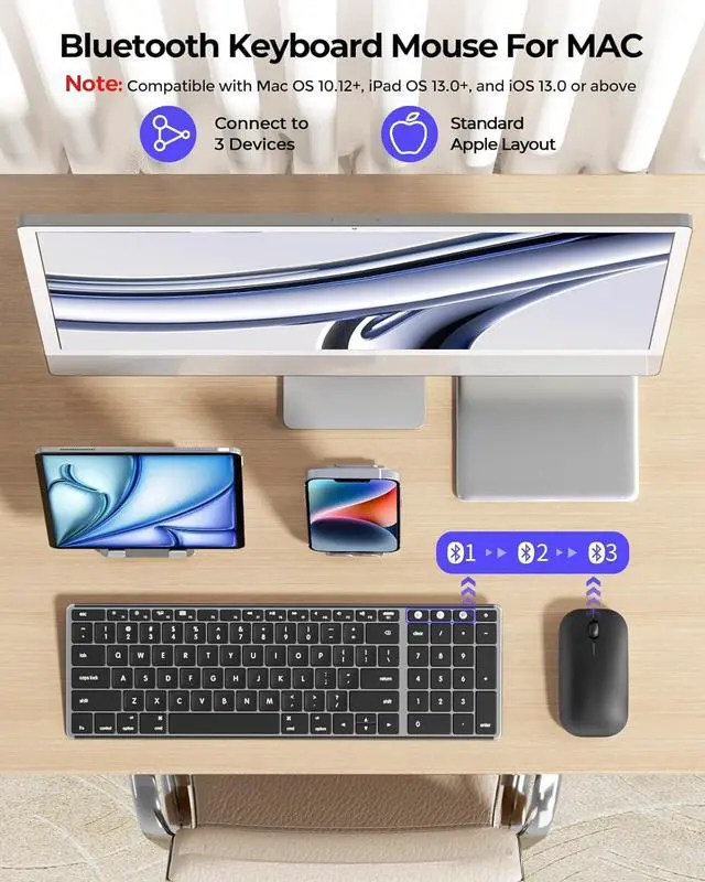 Alt view image 2 of 7 - seenda Bluetooth Keyboard and Mouse for Mac, SKM64-2 Multi-Device Rechargeable Slim Wireless Keyboard Mouse Stainless Steel Full Size, Compatible with MacBook Pro/Air, iPad, Mac - Space Gray