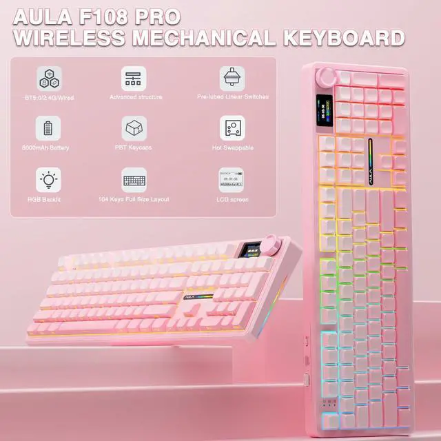 Alt view image 2 of 7 - AULA F108 PRO - Wireless Mechanical Keyboard with Screen & Knob,Full Size Keyboard with 8000mAh Battery,Pre-lubed Switches,Side Printed PBT Keycaps,RGB Backlit Hot Swappable Custom Gaming Keyboards