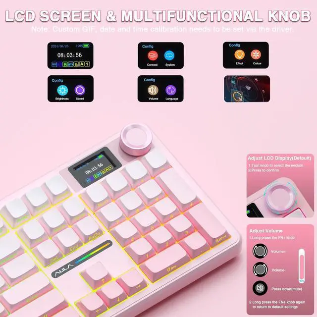 Alt view image 3 of 7 - AULA F108 PRO - Wireless Mechanical Keyboard with Screen & Knob,Full Size Keyboard with 8000mAh Battery,Pre-lubed Switches,Side Printed PBT Keycaps,RGB Backlit Hot Swappable Custom Gaming Keyboards