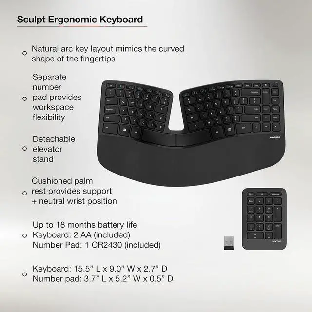 Alt view image 4 of 7 - Incase Sculpt Ergonomic Keyboard  Designed by Microsoft  Split Keyset Design, Palm Rest, Contoured Layout, One-Touch Windows Button, AES 128-Bit Encryption, Includes Separate Number Pad  Black