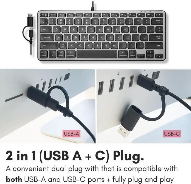 Alt view image 3 of 7 - Macally Wired Keyboard for Mac with USB Hub (2X USBC / 1x USBA) - Compatible Small Apple Key Board with 2 in 1 USB Plug - for MacBook Pro/Air, Mac mini, iMac
