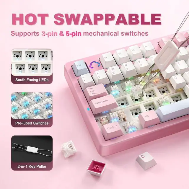 Alt view image 6 of 7 - YUNZII AL98 QMK/VIA Wireless Mechanical Gaming Keyboard,Full Aluminum,BT/2.4G/USB-C, Pre-Lubed Hot Swappable Gasket Mount 1800 Layout,RGB Backlit for Win/Mac (Pink, Milk Switch)