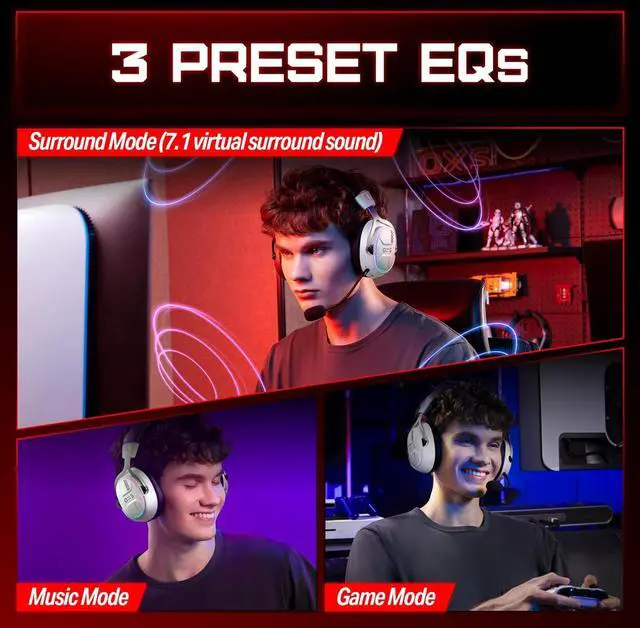 Alt view image 5 of 7 - OXS Storm G2 Wireless Gaming Headsets, 7.1 Virtual Surround Sound, 3 EQ Modes, 2.4G Low Latency, 50mm Driver, 40H Playtime, RGB Light, Bluetooth 5.3, Compatible with PC, Console, Mobile, White