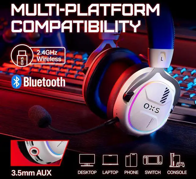Alt view image 6 of 7 - OXS Storm G2 Wireless Gaming Headsets, 7.1 Virtual Surround Sound, 3 EQ Modes, 2.4G Low Latency, 50mm Driver, 40H Playtime, RGB Light, Bluetooth 5.3, Compatible with PC, Console, Mobile, White