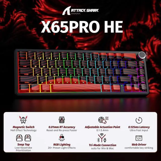 Alt view image 2 of 7 - ATTACK SHARK X65PRO HE Rapid Trigger Wireless Gaming Keyboard, 0.01mm RT Accuracy 8KHz Polling Rate Wired Keyboard with Magnetic Switch, Tri-Mode, Adjustable Actuation, RGB Lighting for PC/Mac/Gamer
