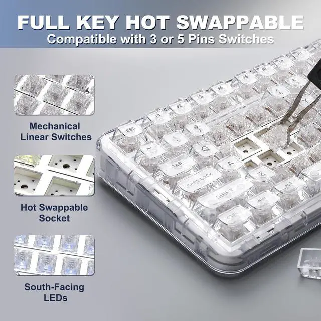 Alt view image 5 of 7 - YUNZII X98 QMK/VIA Wireless Mechanical Gaming Keyboard with Knob,Tri-Mode BT5.0/USB-C/2.4GHz Hot Swappable Keyboard,Pre-lubed Switches Gasket Mount RGB Backlit for Wins/Mac (White, Crystal Switch)