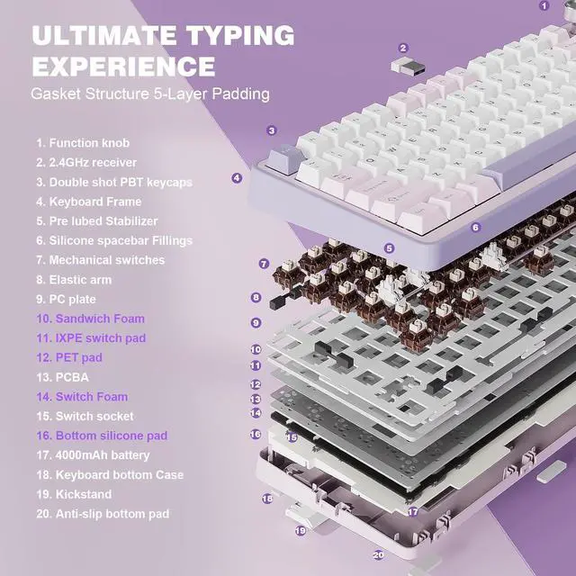 Alt view image 4 of 7 - YUNZII B75 PRO Wireless Mechanical Keyboard,75% Layout with Knob,Hot Swap Gasket Custom Structure,Creamy Pre-lubed Switches,RGB Backlit,Bluetooth/Type-C/2.4G for Win/Mac(Cocoa Cream V2 Switch,Purple)