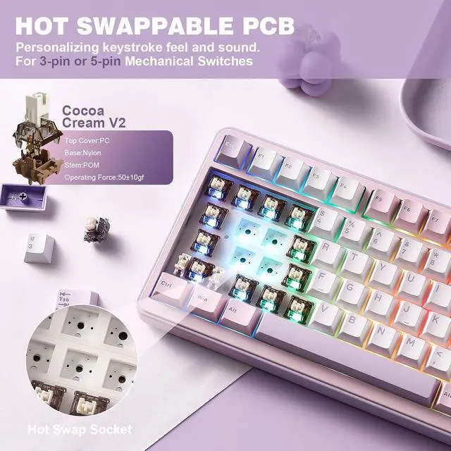 Alt view image 5 of 7 - YUNZII B75 PRO Wireless Mechanical Keyboard,75% Layout with Knob,Hot Swap Gasket Custom Structure,Creamy Pre-lubed Switches,RGB Backlit,Bluetooth/Type-C/2.4G for Win/Mac(Cocoa Cream V2 Switch,Purple)