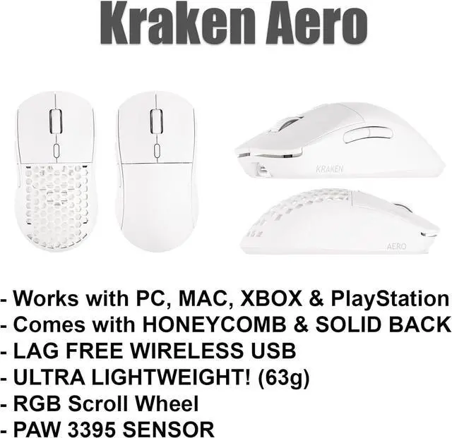 Alt view image 2 of 7 - Kraken AERO - Superlight Wireless Gaming Mouse, Ultra-Lightweight, LAG-Free Wireless, Dual-Mode (2.4Ghz + Wired) Symmetrical, 26,000 DPI, PAW3395 Compatible with PC/MAC (White)