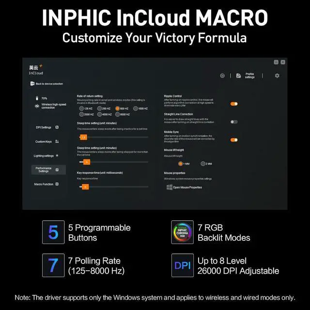 Alt view image 6 of 7 - INPHIC IN10P Superlight Wireless Gaming Mouse, 60g, 8K Polling Rate, 26,000 DPI, Tri-Mode, PAW3395 Sensor, Fully Programmable