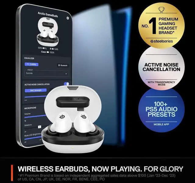 Alt view image 3 of 7 - SteelSeries Arctis GameBuds for PlayStation/PC/Switch/Mobile  Quick-Switch 2.4GHz + Bluetooth 5.3  Active Noise Cancelling  100+ Game Audio Presets  40H Battery with Qi Charging Case - White