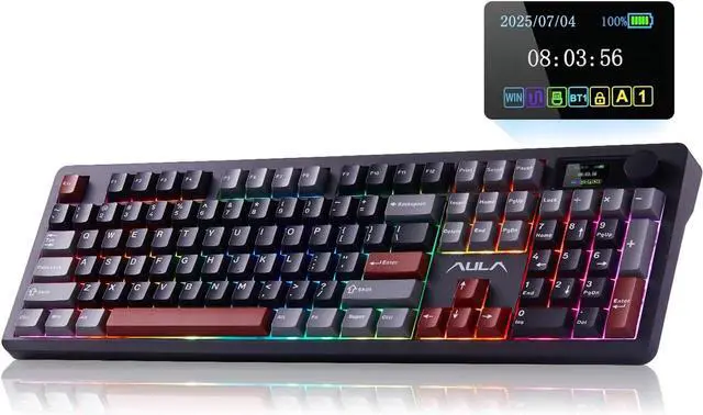 Main image of AULA F106 PRO Wireless Mechanical Keyboard, 104 Keys Gaming Keyboard with Knob & Screen, Tri-Mode RGB Hot Swappable Creamy Sounding Computer Keyboards for PC/Laptop/Windows - Black Red
