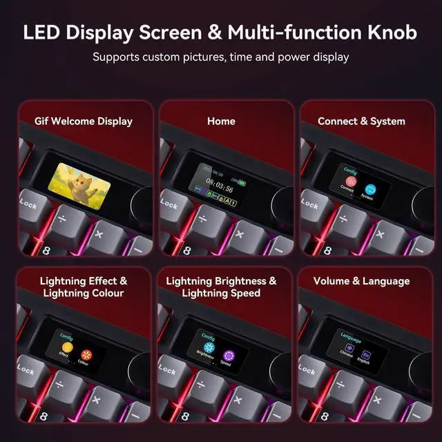 Alt view image 2 of 7 - AULA F106 PRO Wireless Mechanical Keyboard, 104 Keys Gaming Keyboard with Knob & Screen, Tri-Mode RGB Hot Swappable Creamy Sounding Computer Keyboards for PC/Laptop/Windows - Black Red