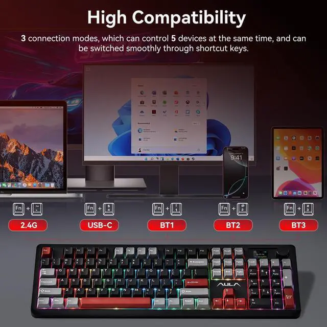 Alt view image 3 of 7 - AULA F106 PRO Wireless Mechanical Keyboard, 104 Keys Gaming Keyboard with Knob & Screen, Tri-Mode RGB Hot Swappable Creamy Sounding Computer Keyboards for PC/Laptop/Windows - Black Red