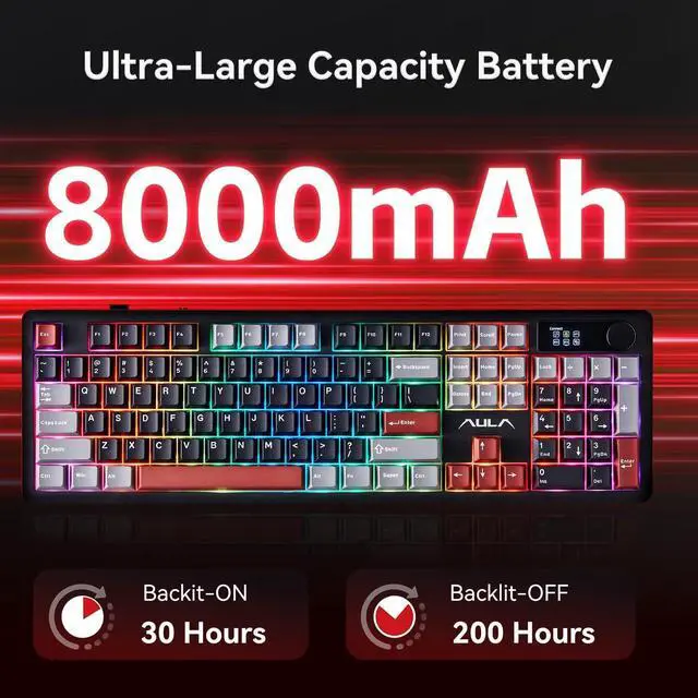 Alt view image 5 of 7 - AULA F106 PRO Wireless Mechanical Keyboard, 104 Keys Gaming Keyboard with Knob & Screen, Tri-Mode RGB Hot Swappable Creamy Sounding Computer Keyboards for PC/Laptop/Windows - Black Red