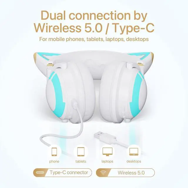 Alt view image 2 of 6 - YOWU Cat Ear Headphones 3G, RGB Wireless/Wired 5.0 Foldable Gaming Headset with 7.1 Surround Sound, Built-in Mic & Customizable Lighting and Effect via APP(White)