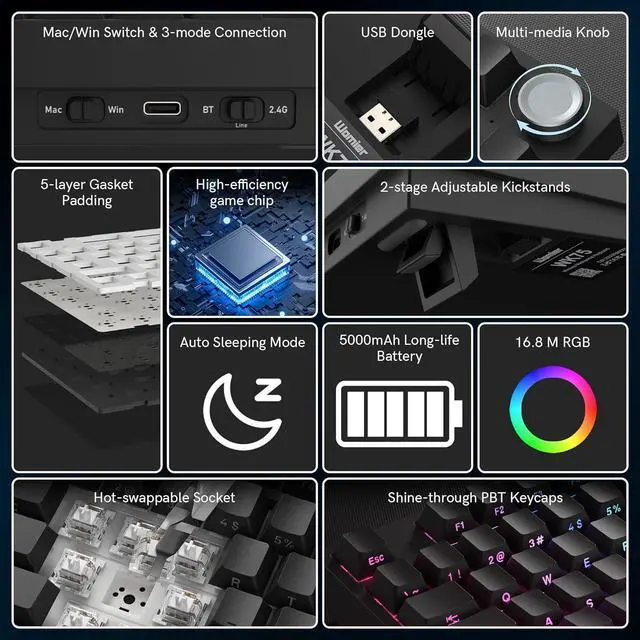 Alt view image 3 of 7 - COSTOM WK75 75% Wireless Gaming Mechanical Keyboard,BT5.0/2.4GHz/USB-C, Hot Swappable Pre-lubed Custom Linear Switches,Gasket Structure,RGB Backlit Keyboard for PC/Laptop/Xbox/PS4/PS5 (Black)