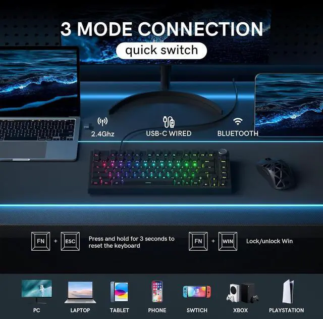 Alt view image 6 of 7 - COSTOM WK75 75% Wireless Gaming Mechanical Keyboard,BT5.0/2.4GHz/USB-C, Hot Swappable Pre-lubed Custom Linear Switches,Gasket Structure,RGB Backlit Keyboard for PC/Laptop/Xbox/PS4/PS5 (Black)