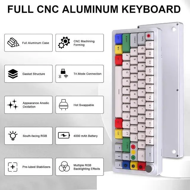 Alt view image 2 of 7 - BOYI GMK67 65% Aluminum Alloy Mechanical Keyboard,Hot-Swappable BT5.0/Type-C/2.4G Wireless,CNC Metal Gasket Mounted South-Facing LED RGB Gaming Keyboard with Dye-Sub PBT Grey Beige Keycaps