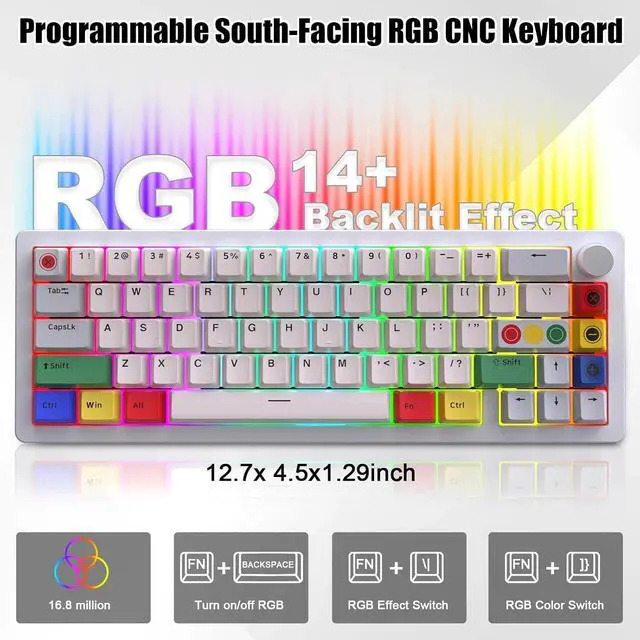 Alt view image 3 of 7 - BOYI GMK67 65% Aluminum Alloy Mechanical Keyboard,Hot-Swappable BT5.0/Type-C/2.4G Wireless,CNC Metal Gasket Mounted South-Facing LED RGB Gaming Keyboard with Dye-Sub PBT Grey Beige Keycaps