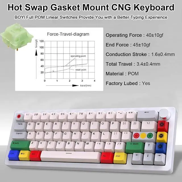 Alt view image 4 of 7 - BOYI GMK67 65% Aluminum Alloy Mechanical Keyboard,Hot-Swappable BT5.0/Type-C/2.4G Wireless,CNC Metal Gasket Mounted South-Facing LED RGB Gaming Keyboard with Dye-Sub PBT Grey Beige Keycaps