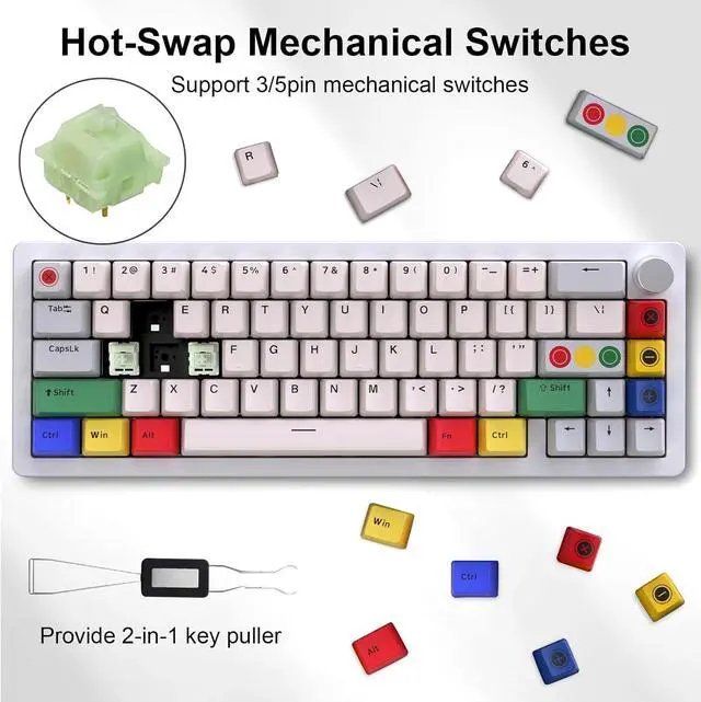 Alt view image 6 of 7 - BOYI GMK67 65% Aluminum Alloy Mechanical Keyboard,Hot-Swappable BT5.0/Type-C/2.4G Wireless,CNC Metal Gasket Mounted South-Facing LED RGB Gaming Keyboard with Dye-Sub PBT Grey Beige Keycaps