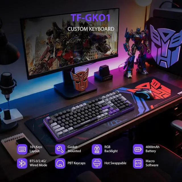 Alt view image 2 of 7 - Transformers GK01 Wireless Mechanical Keyboard with Knob,101 Keys RGB Creamy Gaming Keyboard, BT5.0/USB-C/2.4GHz,Pre-lubed Linear Switches,Hot Swappable Custom Computer Keyboards(Megatron Black)