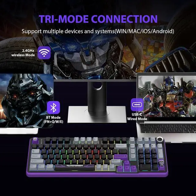 Alt view image 3 of 7 - Transformers GK01 Wireless Mechanical Keyboard with Knob,101 Keys RGB Creamy Gaming Keyboard, BT5.0/USB-C/2.4GHz,Pre-lubed Linear Switches,Hot Swappable Custom Computer Keyboards(Megatron Black)