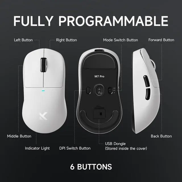 Alt view image 2 of 7 - MCHOSE M7 Pro Wireless Gaming Mouse, 8K Polling, 55g Lightweight Ergonomic Computer Mouse PAW3395 Optical Sensor 650 IPS, 26000 DPI, 6 Programmable Controls USB-C 3-Modes PC/Mac White