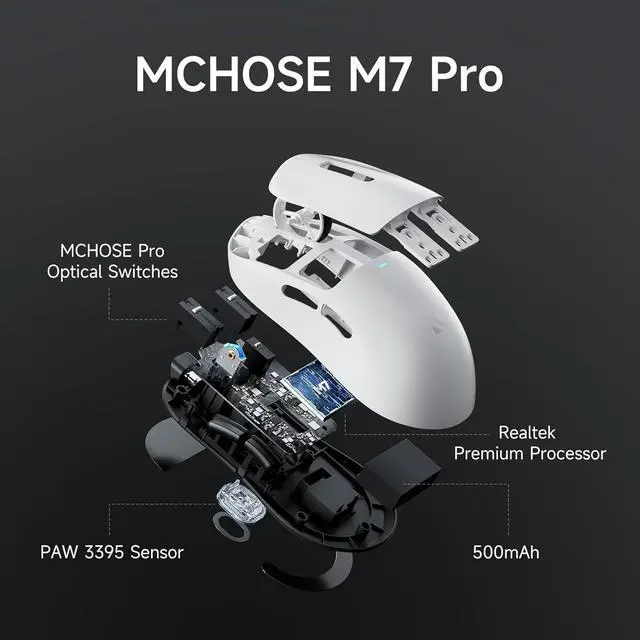Alt view image 5 of 7 - MCHOSE M7 Pro Wireless Gaming Mouse, 8K Polling, 55g Lightweight Ergonomic Computer Mouse PAW3395 Optical Sensor 650 IPS, 26000 DPI, 6 Programmable Controls USB-C 3-Modes PC/Mac White