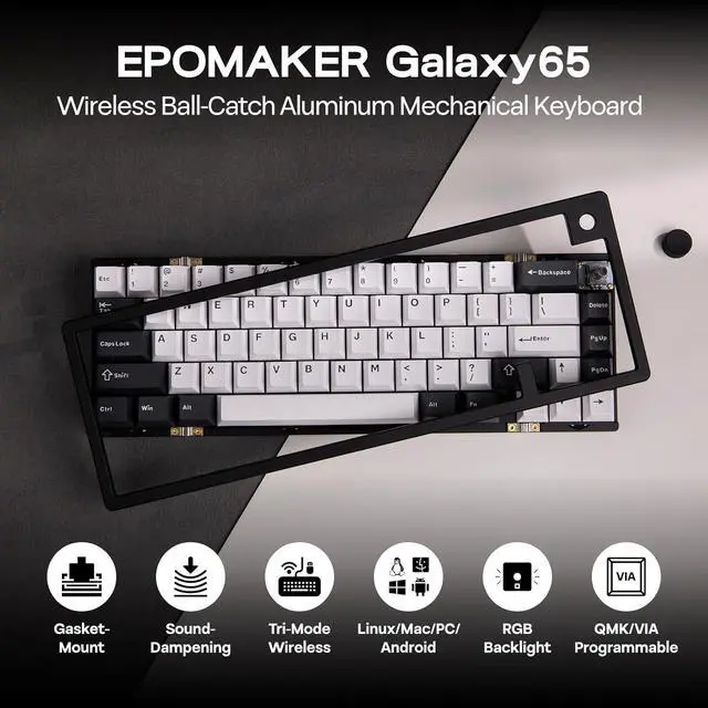 Alt view image 2 of 7 - EPOMAKER Galaxy65 Wireless QMK/VIA Mechanical Keyboard, Ball-Catch Anodized Aluminum Custom Keyboard, Pre-Lubed Hot-Swappable Switch, RGB Backlit, Rotary Knob, 2.4Ghz/BT/Type-C (Black)