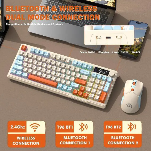 Alt view image 3 of 7 - T96 Smart Display Wireless Gaming Keyboard and Mouse Comb, 94Key LED Lighting Rechargeable Silent Membrane Keyboard with Knobs, 2000mAh Battery, 6-Button 4KDPI Mouse for Win/Mac(Blueberry)