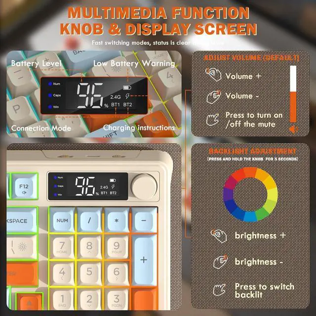 Alt view image 5 of 7 - T96 Smart Display Wireless Gaming Keyboard and Mouse Comb, 94Key LED Lighting Rechargeable Silent Membrane Keyboard with Knobs, 2000mAh Battery, 6-Button 4KDPI Mouse for Win/Mac(Blueberry)