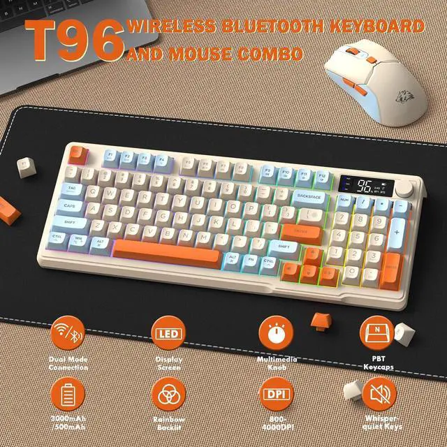 Alt view image 2 of 7 - T96 Smart Display Wireless Gaming Keyboard and Mouse Comb, 94Key LED Lighting Rechargeable Silent Membrane Keyboard with Knobs, 2000mAh Battery, 6-Button 4KDPI Mouse for Win/Mac(Blueberry)