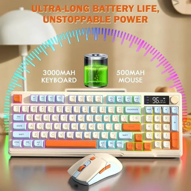 Alt view image 6 of 7 - T96 Smart Display Wireless Gaming Keyboard and Mouse Comb, 94Key LED Lighting Rechargeable Silent Membrane Keyboard with Knobs, 2000mAh Battery, 6-Button 4KDPI Mouse for Win/Mac(Blueberry)