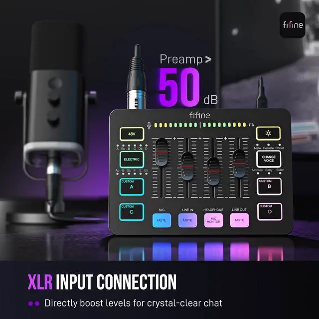 Alt view image 2 of 7 - FIFINE Gaming Audio Mixer, Streaming RGB PC Mixer with XLR Microphone Interface, Individual Control, Volume Fader, Mute Button, 48V Phantom Power, for Podcast/Recording/Vocal/Game Voice-AmpliGame SC3