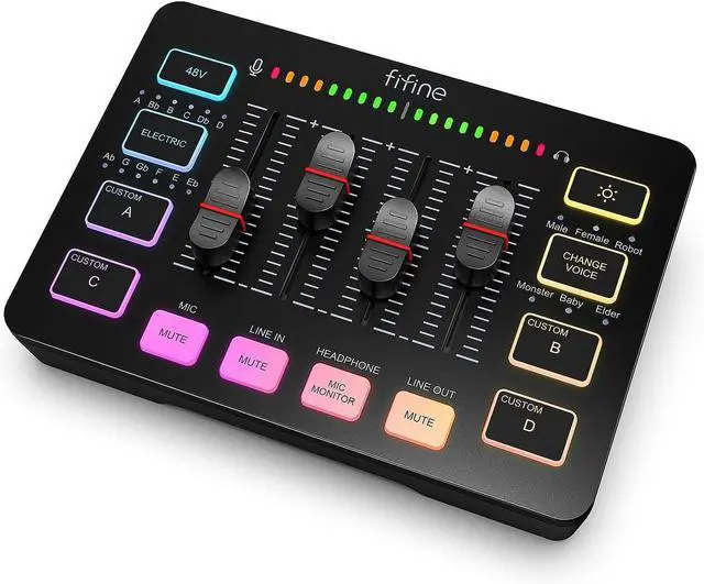 Main image of FIFINE Gaming Audio Mixer, Streaming RGB PC Mixer with XLR Microphone Interface, Individual Control, Volume Fader, Mute Button, 48V Phantom Power, for Podcast/Recording/Vocal/Game Voice-AmpliGame SC3