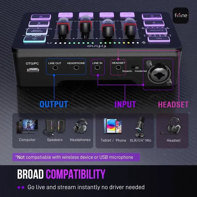 Alt view image 4 of 7 - FIFINE Gaming Audio Mixer, Streaming RGB PC Mixer with XLR Microphone Interface, Individual Control, Volume Fader, Mute Button, 48V Phantom Power, for Podcast/Recording/Vocal/Game Voice-AmpliGame SC3