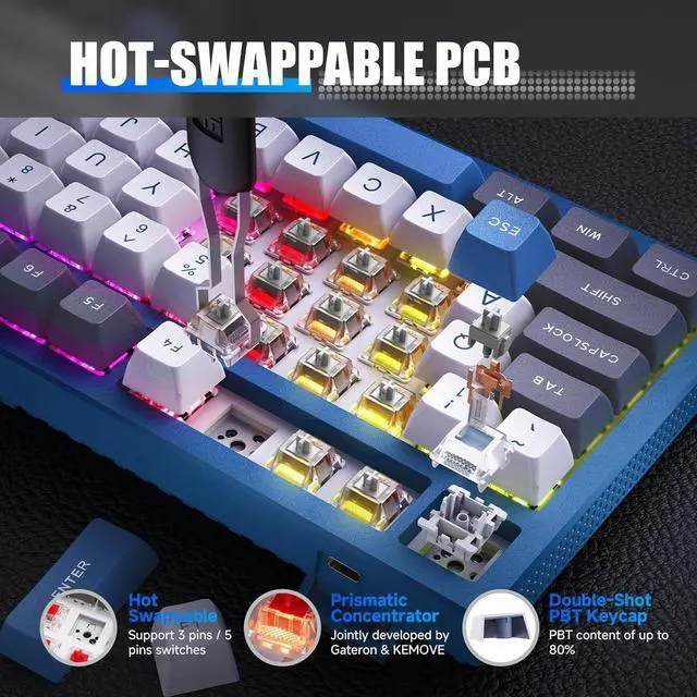 Alt view image 2 of 7 - KEMOVE K87 Wireless TKL Mechanical Gaming Keyboard, Hot-swappable, RGB Backlit, Programmable, Bluetooth/2.4GHz/USB-C, 80% 87 Keys Compact Keyboard with Fast Silver Switch for Windows/Mac/Linux